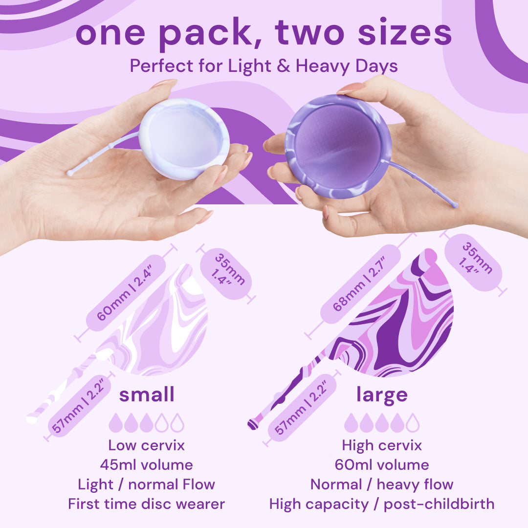 Reusable Menstrual Discs With Pull-Off String S & L - Comfydisc Purple & Lavender (2pcs)